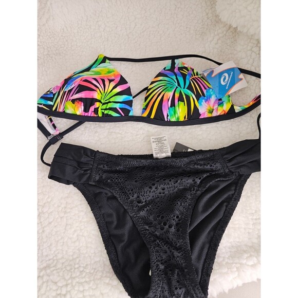 Small O'Rageous Swim Bikini Tropical Top Large Mossimo Black Bikini Bottoms NEW - Picture 2 of 8